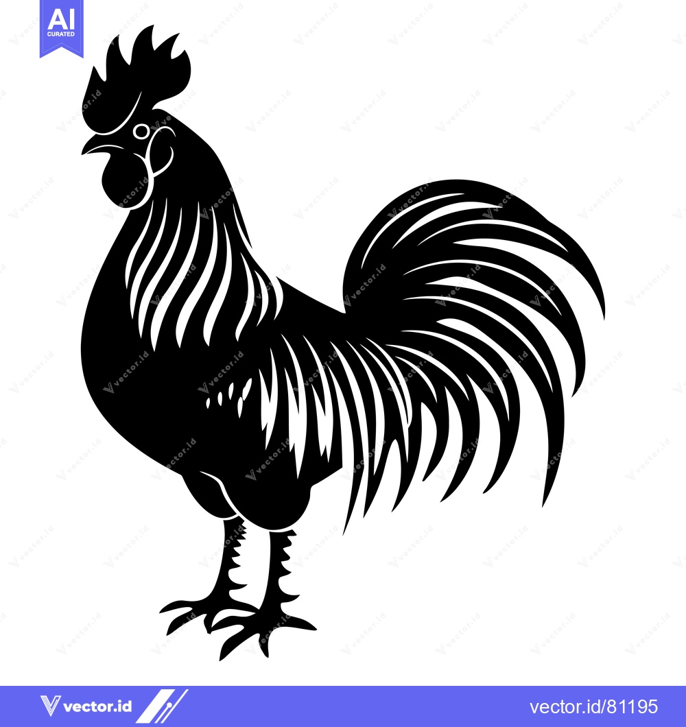 Premium Vector dari Black and White Silhouette of a Rooster with a Large Tail