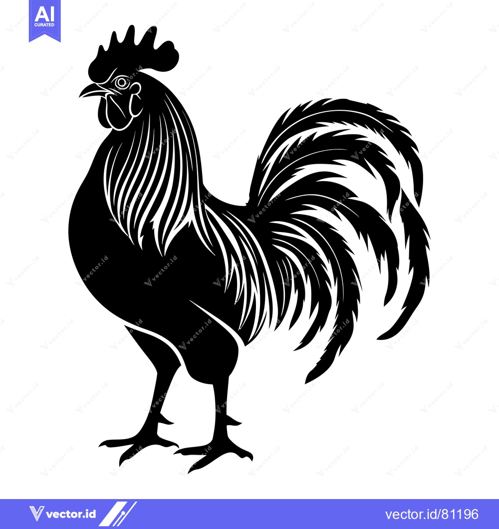 Premium Vector dari Black and White Silhouetted Rooster with Long Tail Feathers