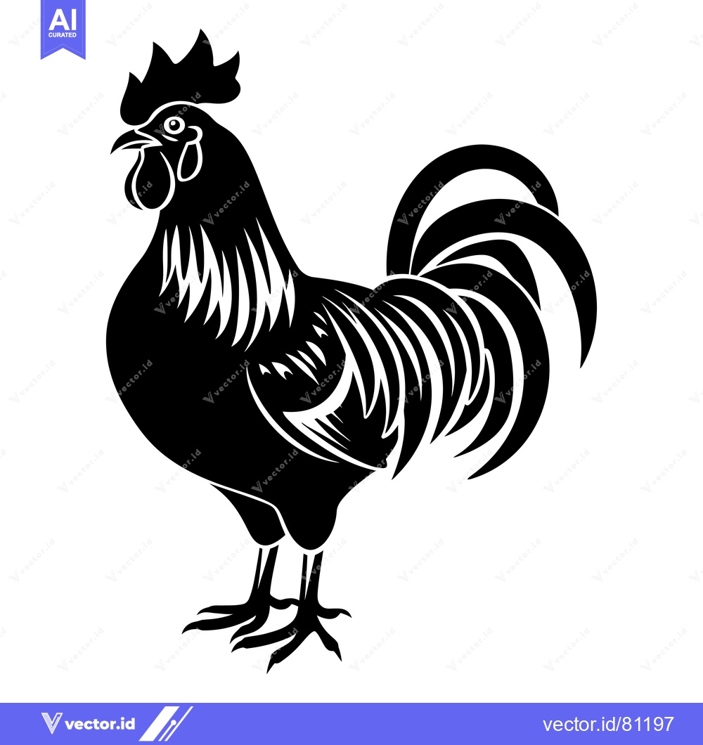 Premium Vector dari Black and White Silhouette of a Rooster with a Long Tail