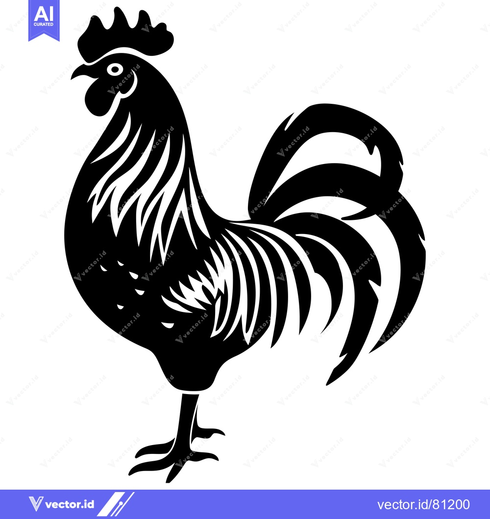 Premium Vector dari Black and White Silhouette of a Rooster with a Wavy Tail