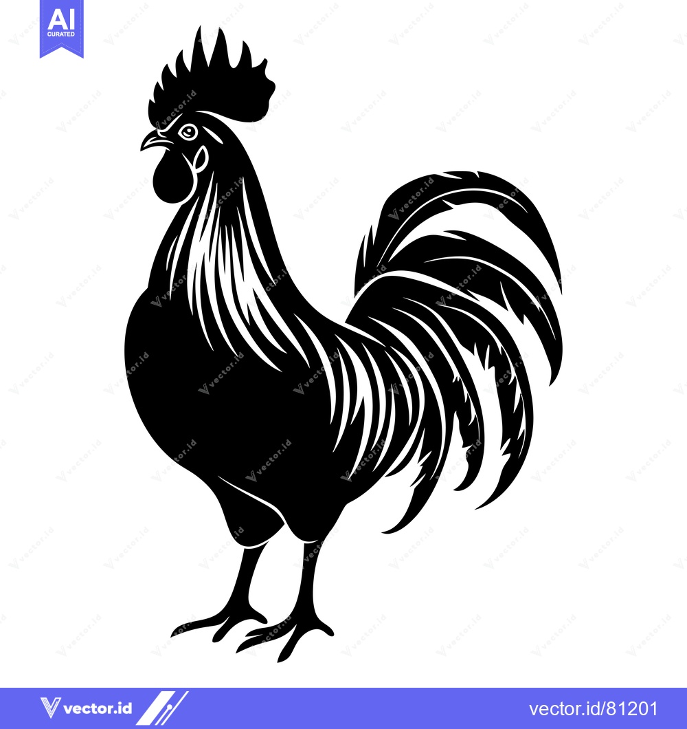Premium Vector of Black and White Silhouette of a Rooster with a Large Tail