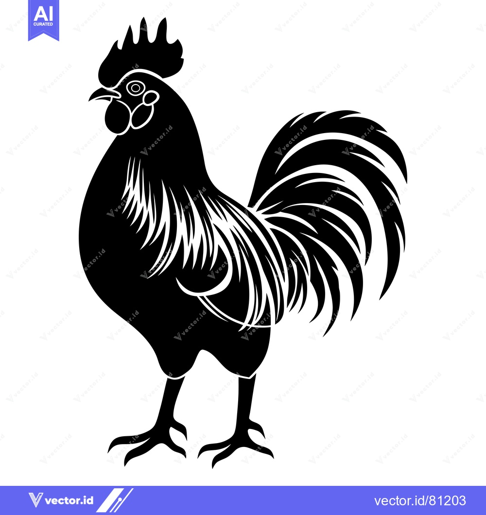 Premium Vector dari Black and White Silhouetted Rooster with Detailed Feathers