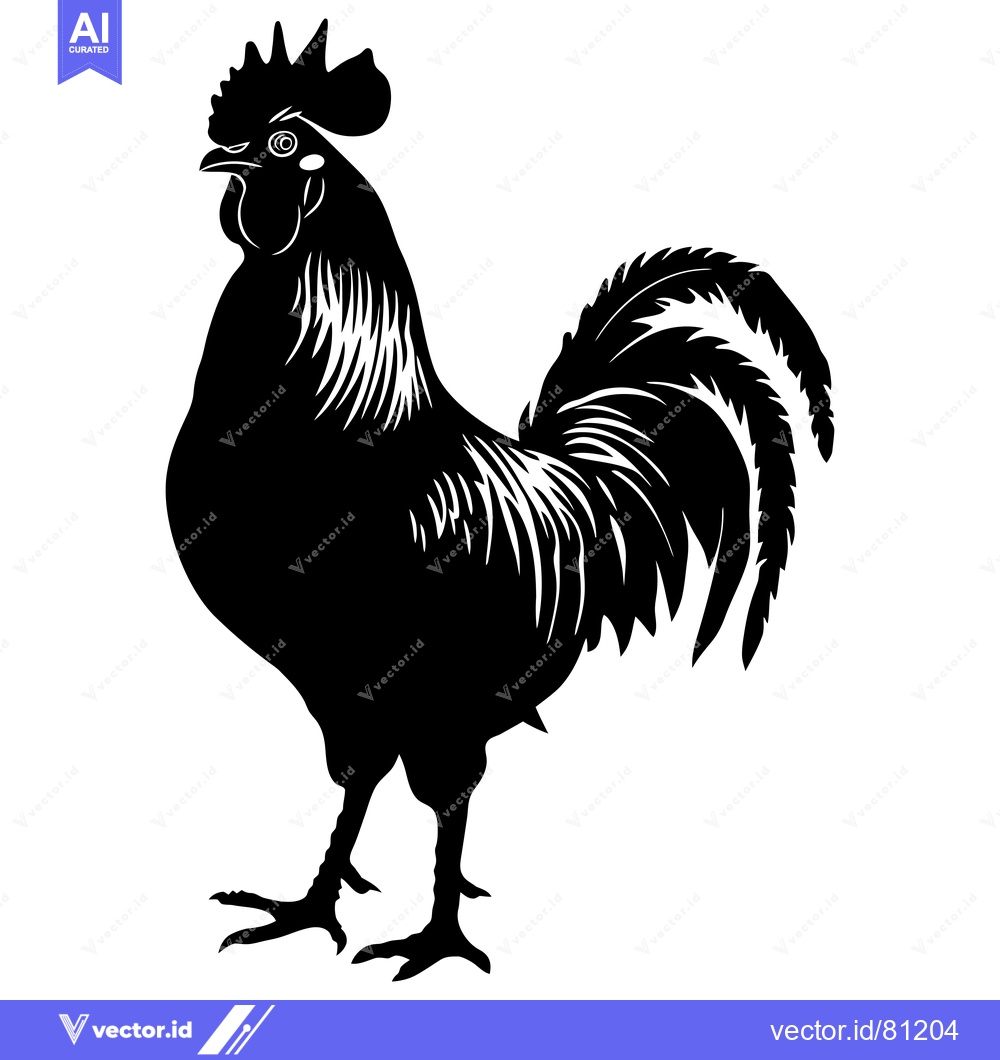 Premium Vector dari Black and White Silhouette of a Rooster with Detailed Feathers