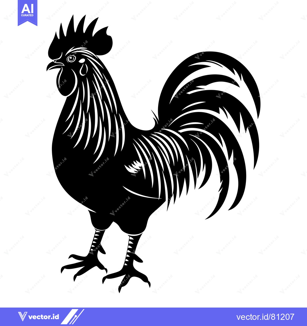 Premium Vector of Black and White Silhouette of a Rooster with a Wavy Tail