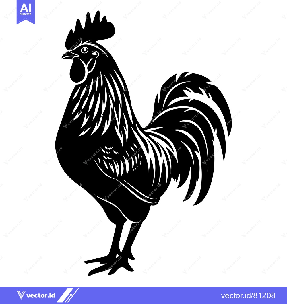 Premium Vector dari Black and White Silhouette of a Rooster with a Large Tail