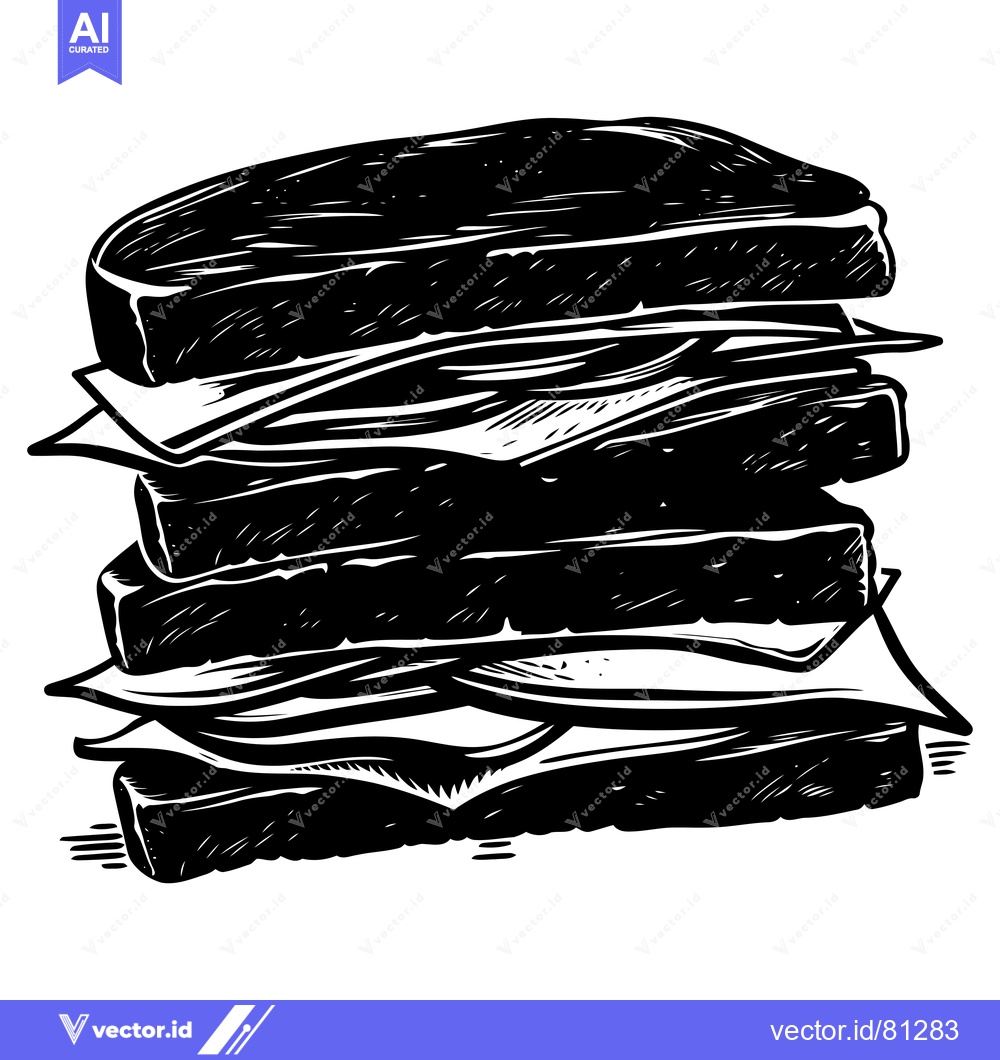 Premium Vector of A Black and White Hand Drawn Illustration of a Stacked Sandwich