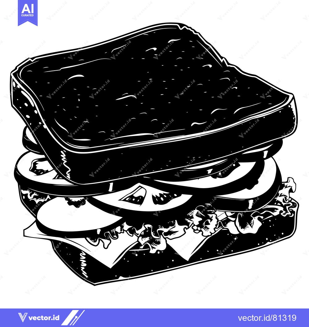 Premium Vector of Black and White Illustration of a  Sandwich with Lettuce, Tomato, and
