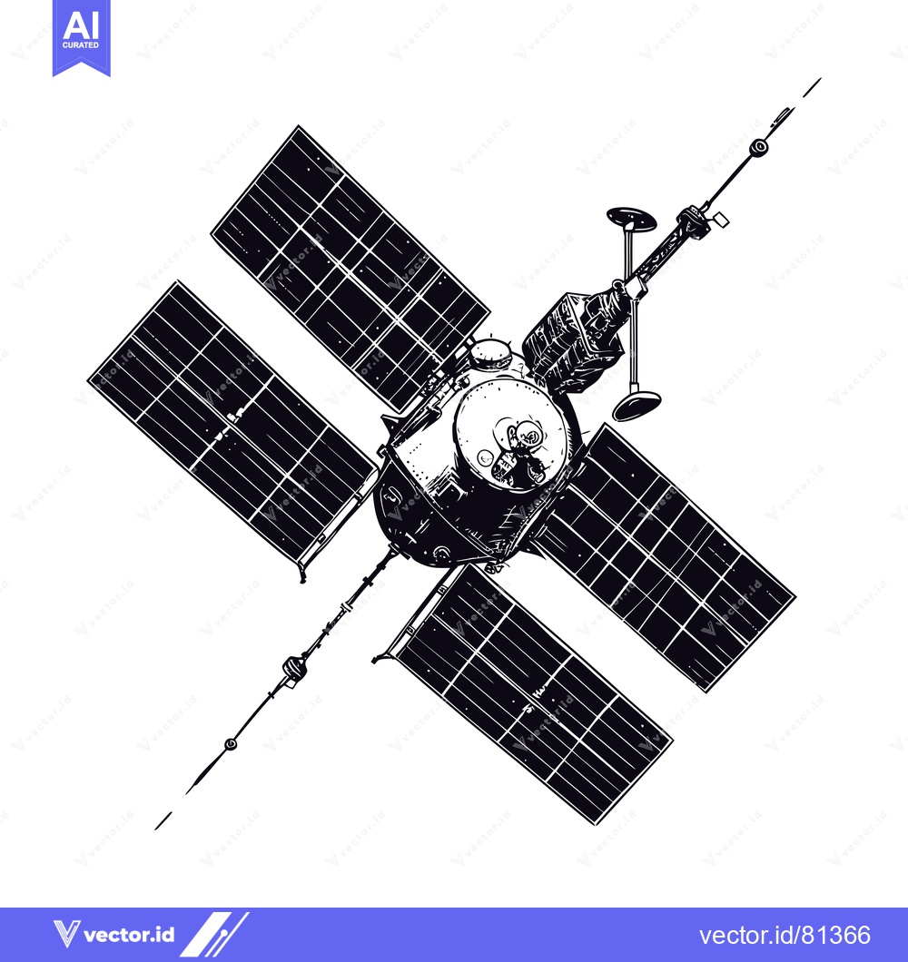 Premium Vector dari A Black and White Sketch of a Satellite in Space with Solar Panels