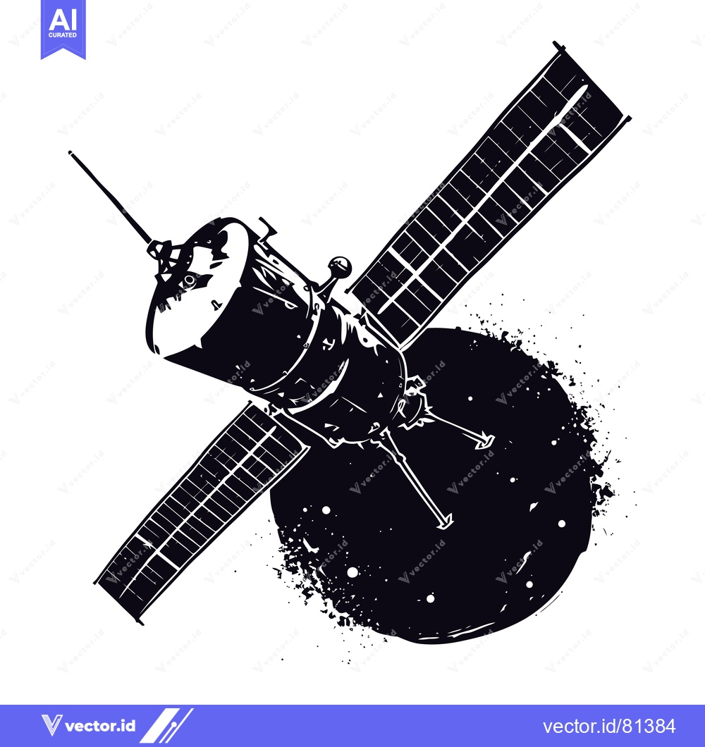 Premium Vector of Black and White Illustration of a Spacecraft with Solar Panels Orbitin
