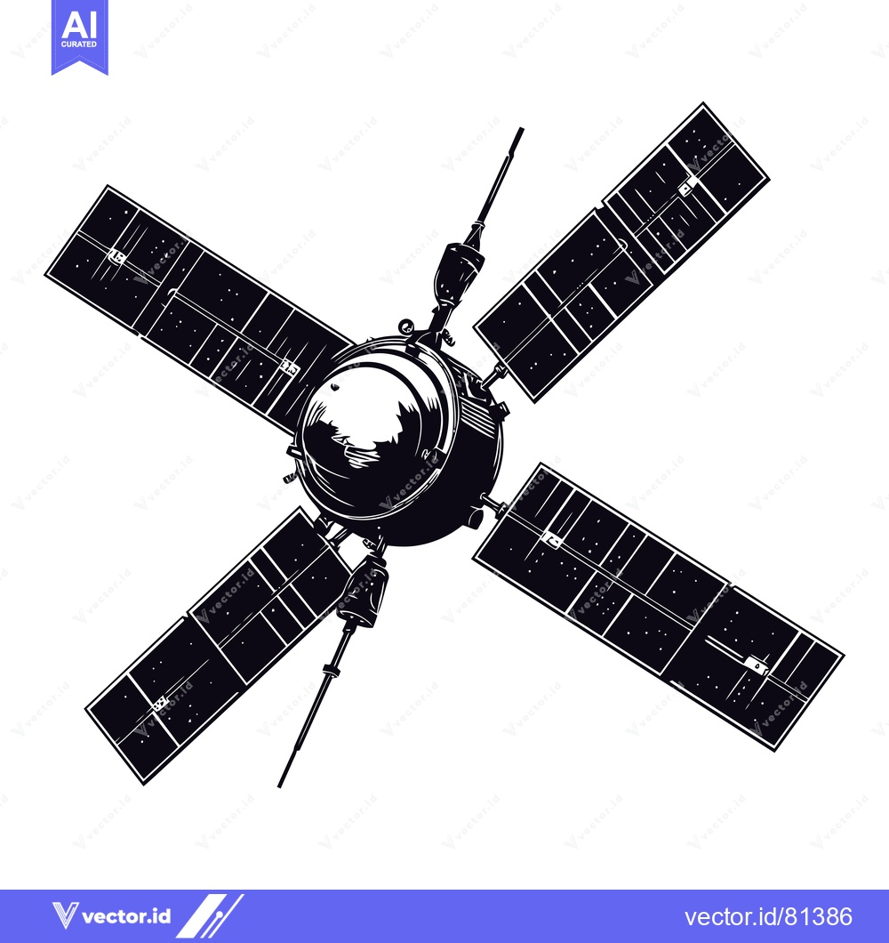 Premium Vector of Black and White Illustration of a Satellite with Solar Panels