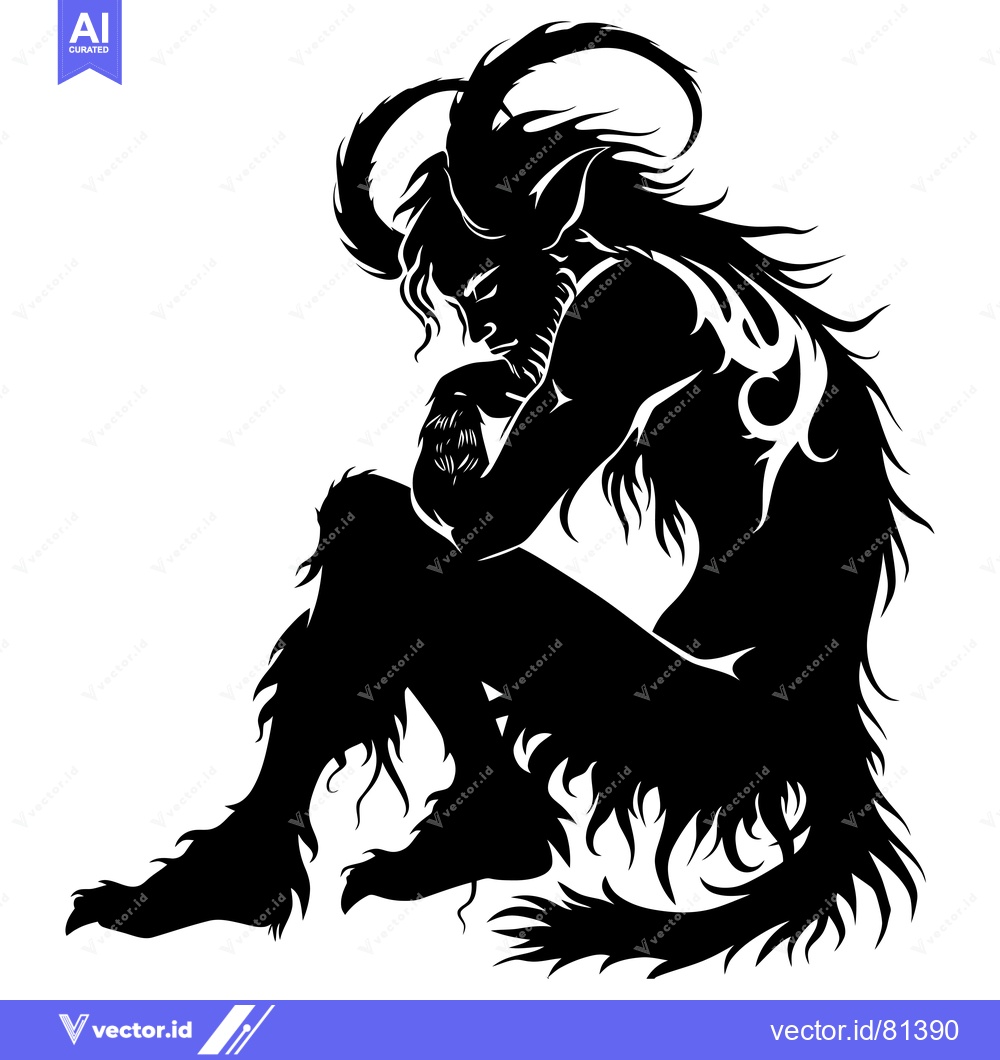 Premium Vector dari A Sitting, Horned Demon with a Furry Body and Long Hair