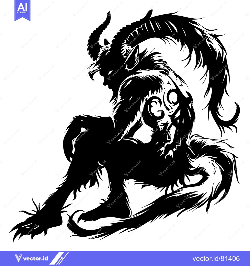 Premium Vector of Black and White Silhouette of a Sitting Demon with Horns and a Tail
