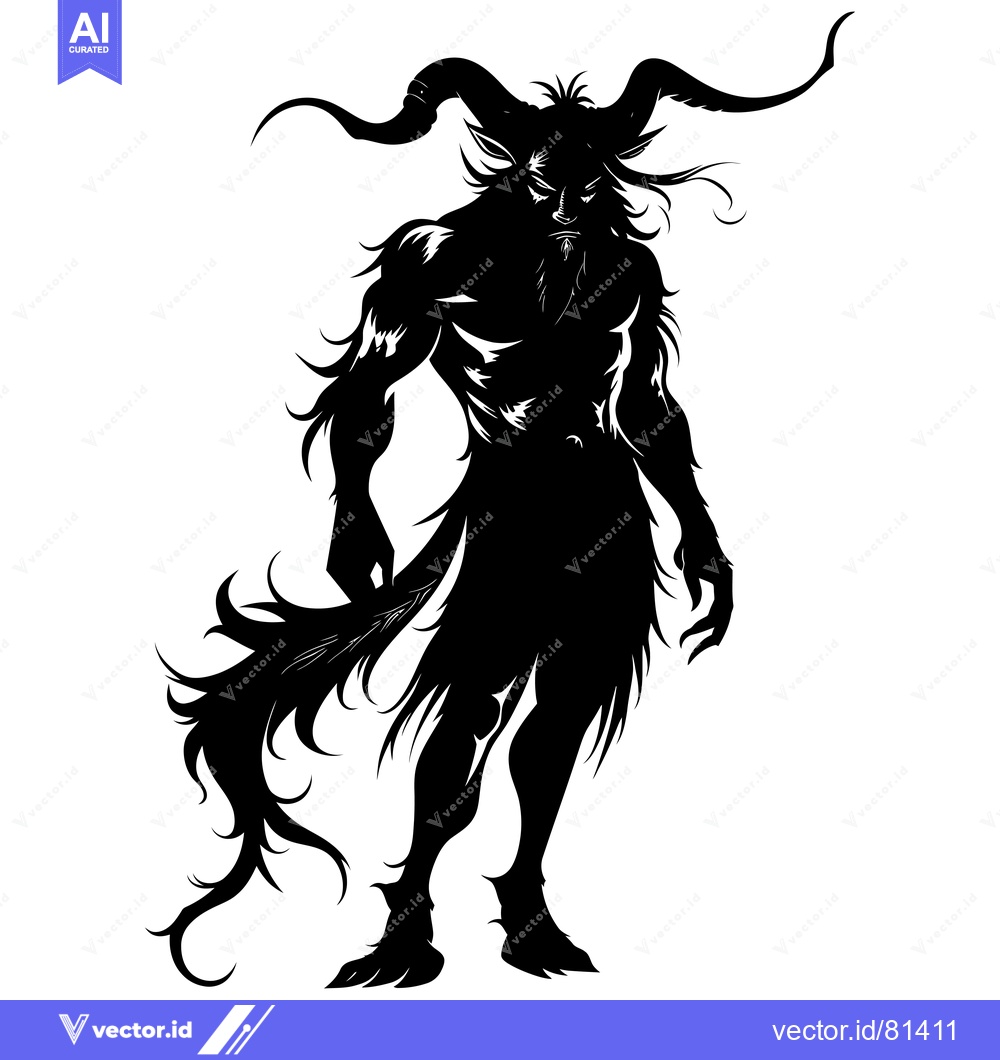 Premium Vector dari Black and White Silhouette of a Furry, Horned, Anthropomorphic Creatur