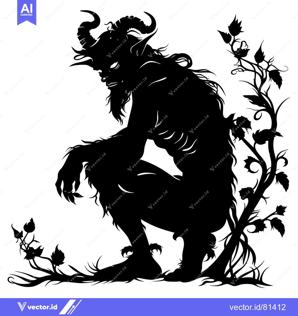 Premium Vector of A Silhouetted Demon with Horns and a Bushy Tail Sitting Near a Twisted