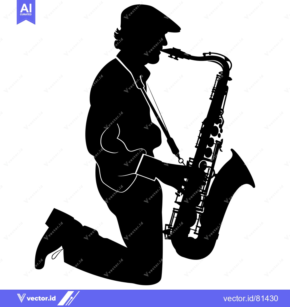 Premium Vector dari Silhouette of a Saxophone Player Kneeling with Instrument