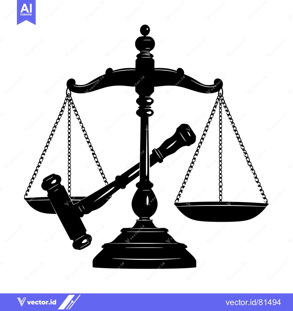 Premium Vector of Black and White Silhouette of a Scale of Justice with a Gavel
