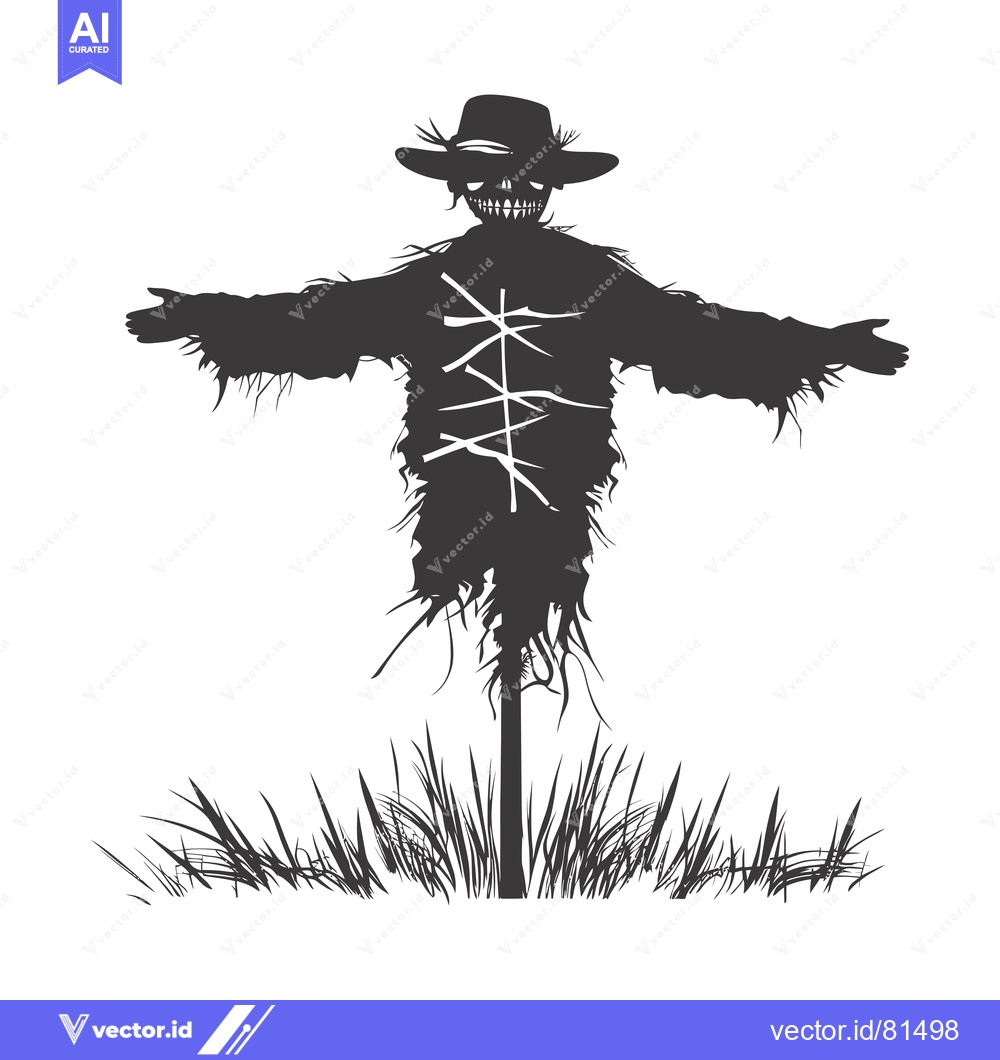 Premium Vector of A silhouette of a creepy scarecrow standing in a field of grass.