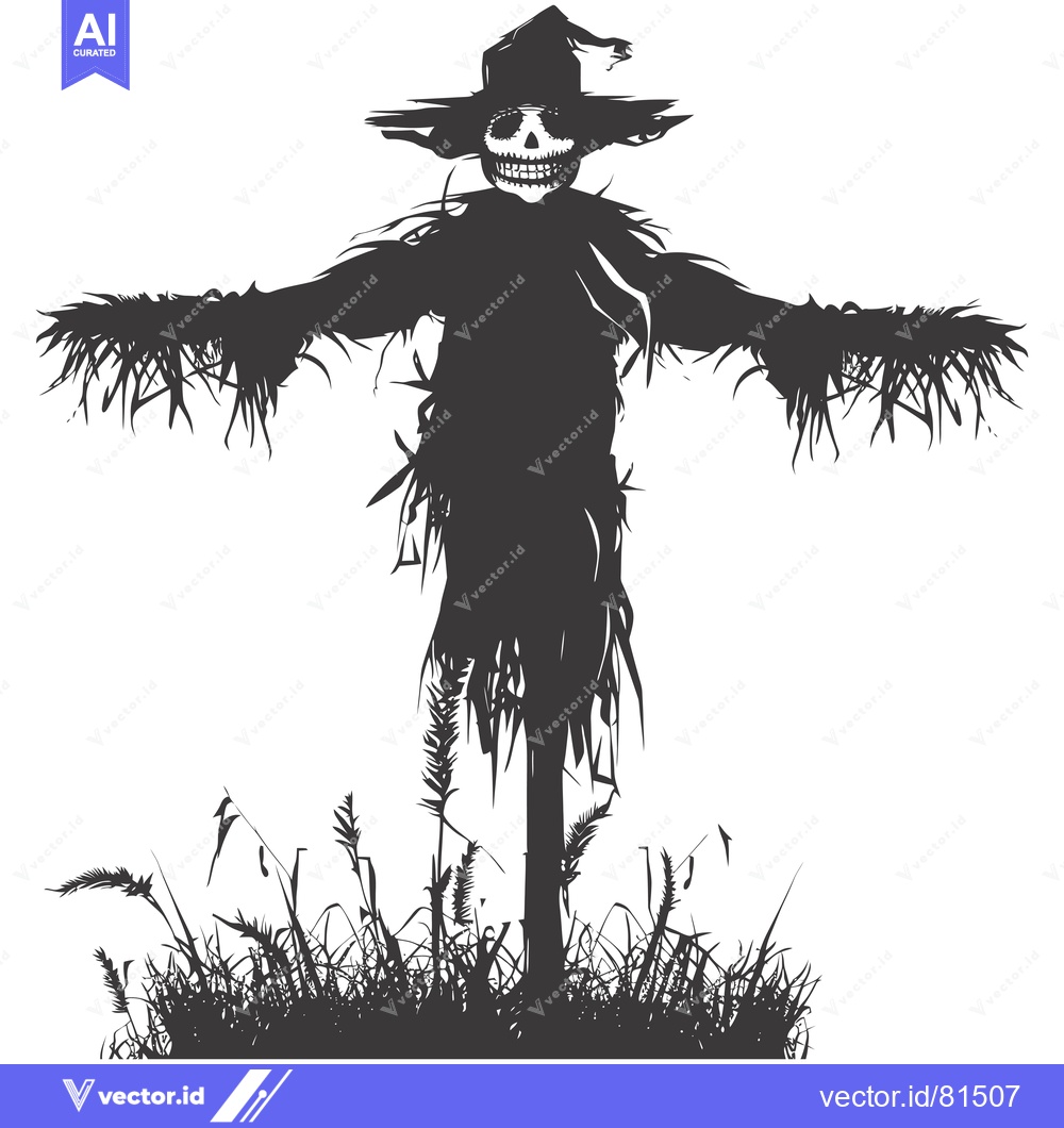 Premium Vector dari A Silhouette of a Scary Scarecrow with a Skull Face in a Field