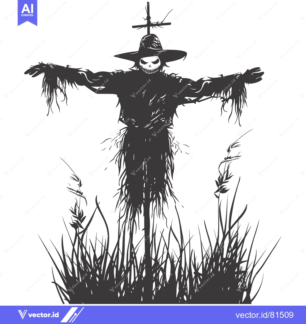 Premium Vector dari A Creepy Scarecrow Silhouette Standing in Tall Grass