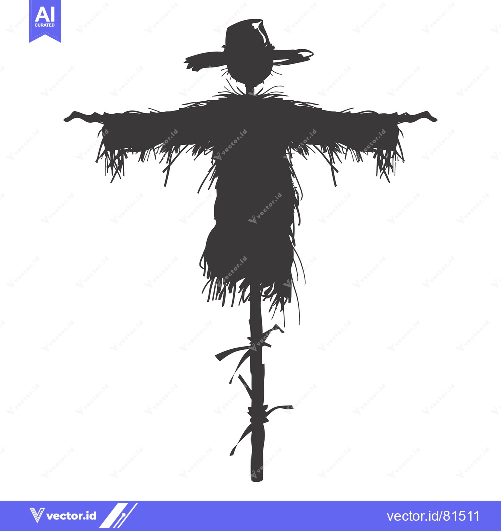 Premium Vector dari A black and white silhouette of a scarecrow standing in a field