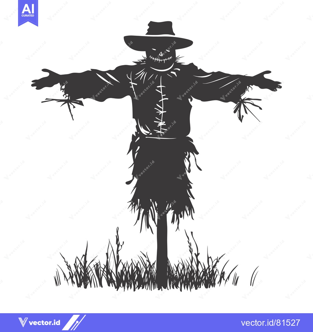 Premium Vector of A Silhouetted Scarecrow with a Grinning Face in a Field