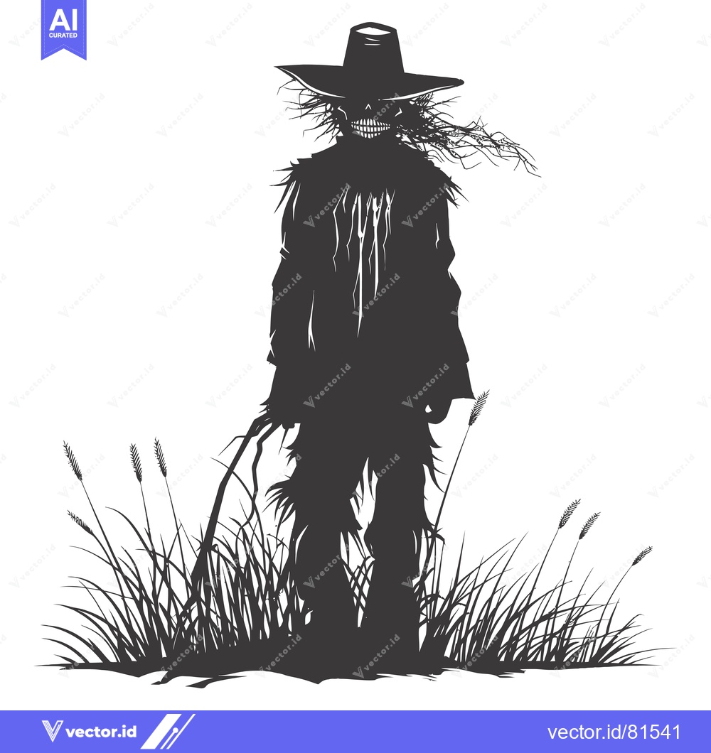 Premium Vector dari A Scary Scarecrow Silhouette Standing in Tall Grass
