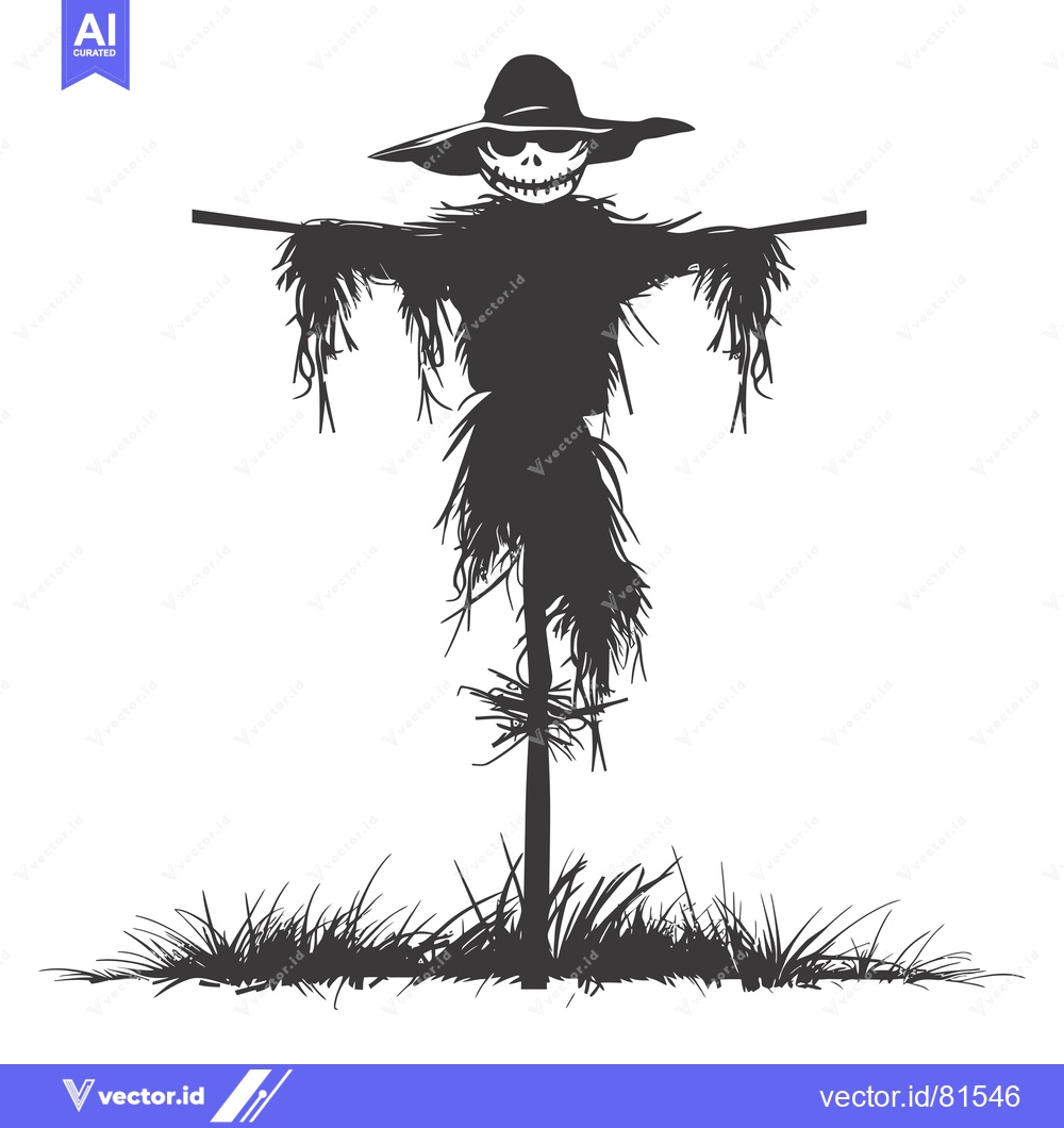 Premium Vector of A Halloween Scarecrow with a Skull Face and Wide-Brimmed Hat