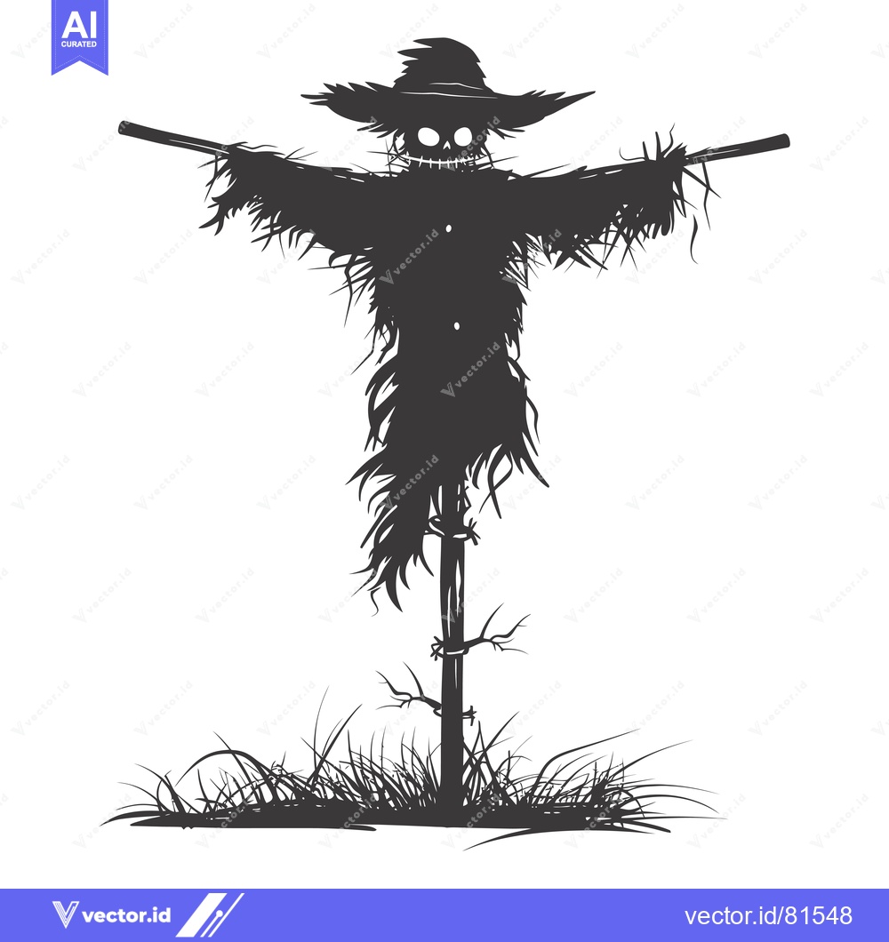 Premium Vector of A spooky, black silhouette of a scarecrow in a field