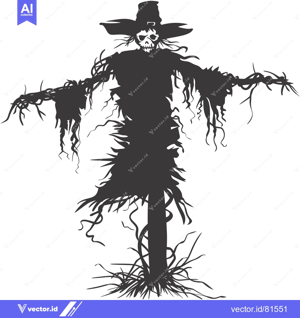Premium Vector dari Silhouette of a Spooky Scarecrow with a Skull Face