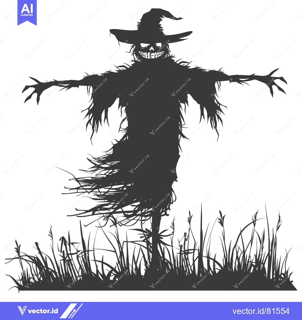 Premium Vector dari Spooky Scarecrow Silhouette with Wavy Hair and a Pointy Hat in a Field