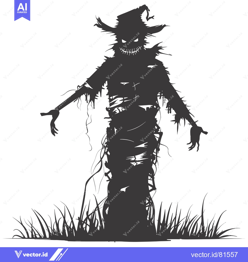 Premium Vector of Scary Scarecrow Silhouette with Glowing Eyes and Stitched Mouth