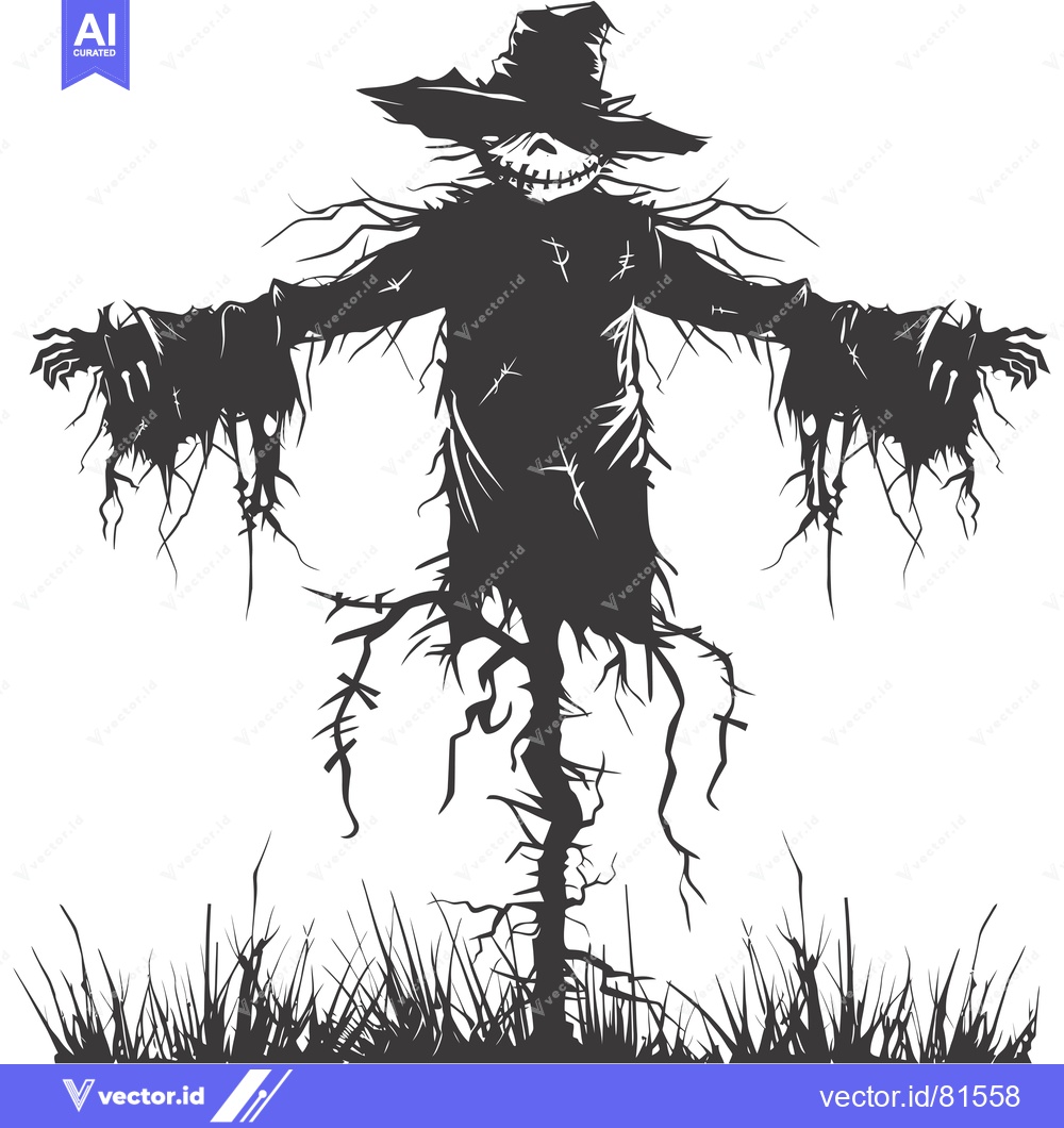 Premium Vector of A Black and White Silhouette of a Spooky Scarecrow