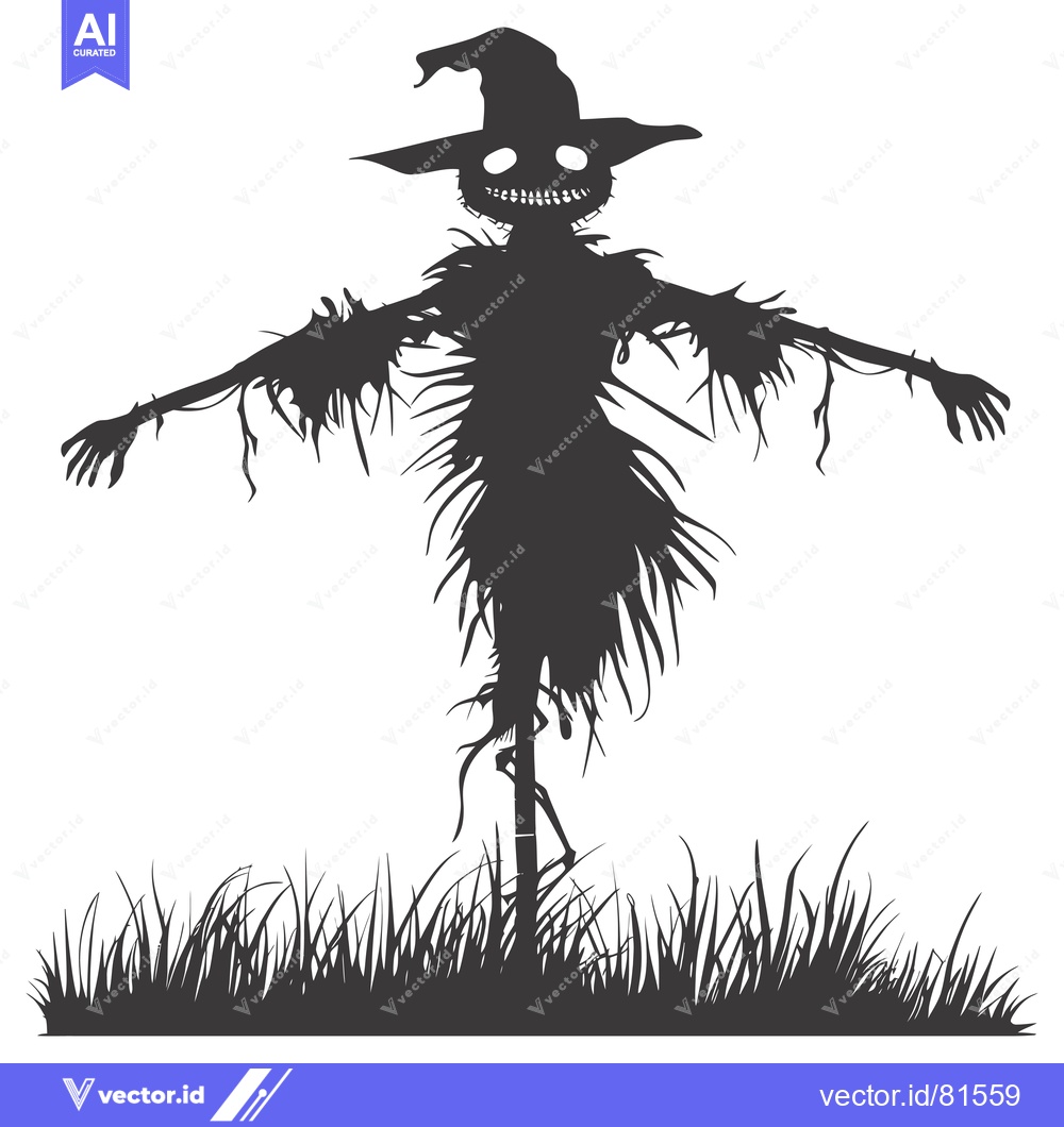 Premium Vector dari Silhouette of a Scary Scarecrow with a Grinning Face and a Hat