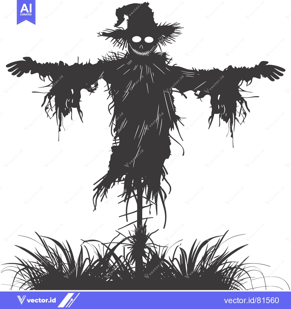 Premium Vector dari A Silhouette of a Scary Scarecrow with a Hat in a Field of Grass