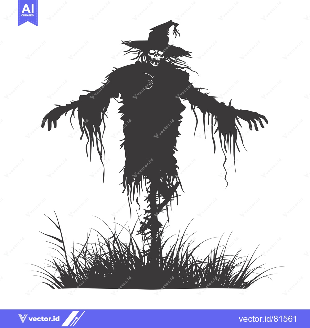Premium Vector dari Silhouette of a Scary Scarecrow with a Hat in a Field of Grass
