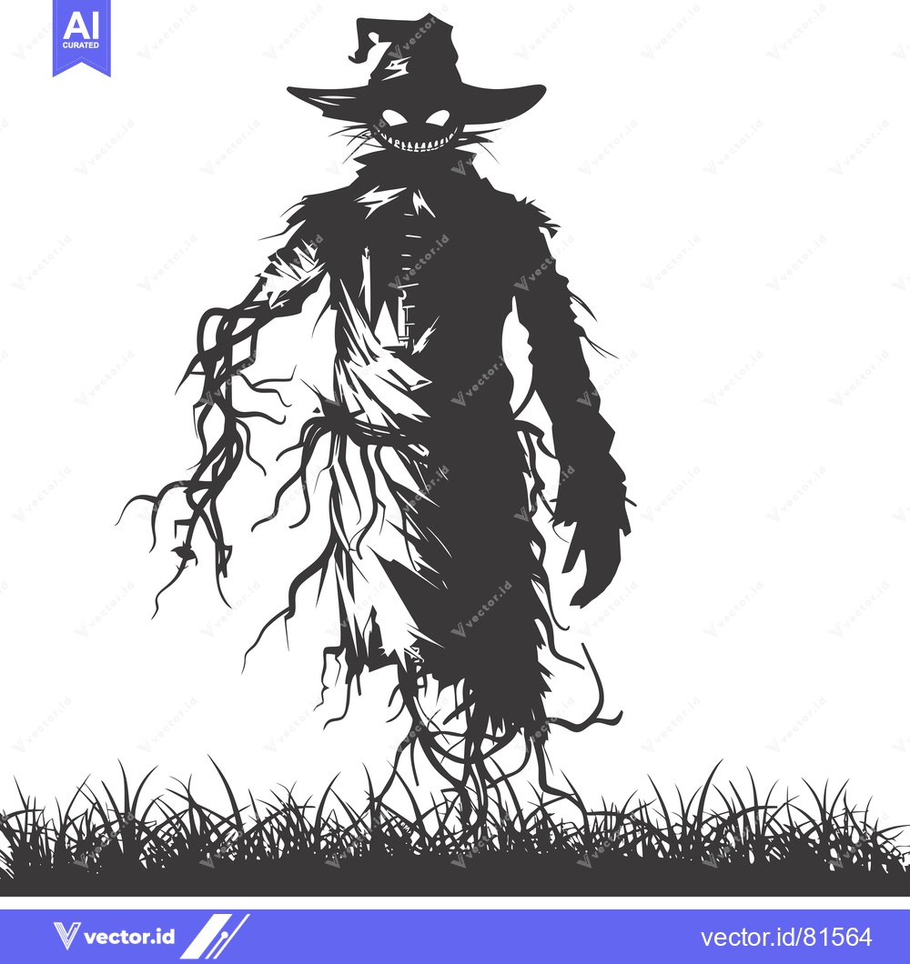 Premium Vector dari A menacing scarecrow silhouette with a wide grin and a pointed hat, st