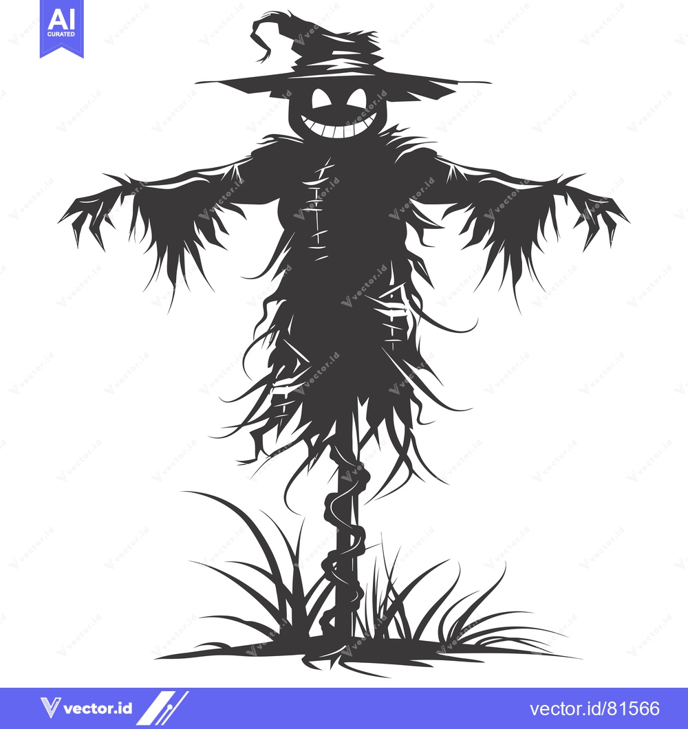 Premium Vector dari A menacing scarecrow silhouette with a wicked grin and a pointed hat.