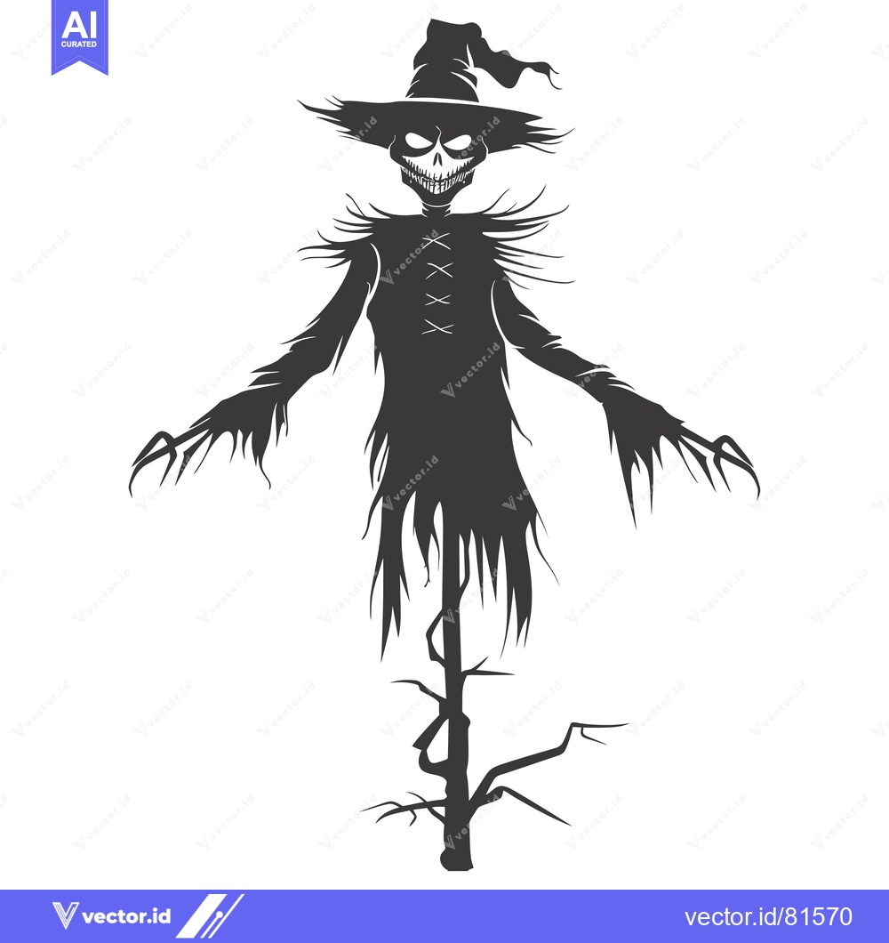 Premium Vector dari A Halloween Scarecrow with a Grim Grin and Pointy Hat