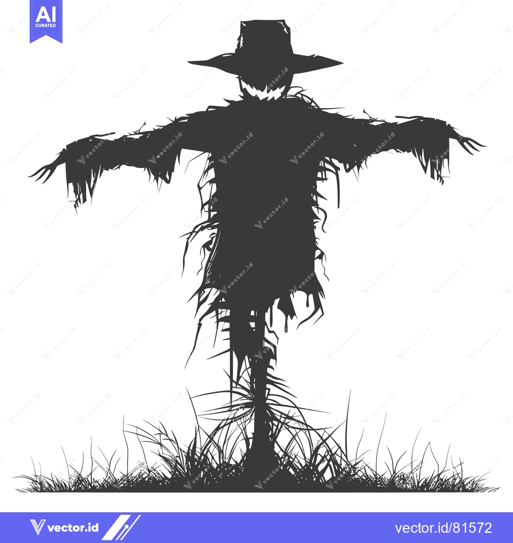 Premium Vector dari Silhouette of a Scarecrow with a Wide-Brimmed Hat Standing in Grass