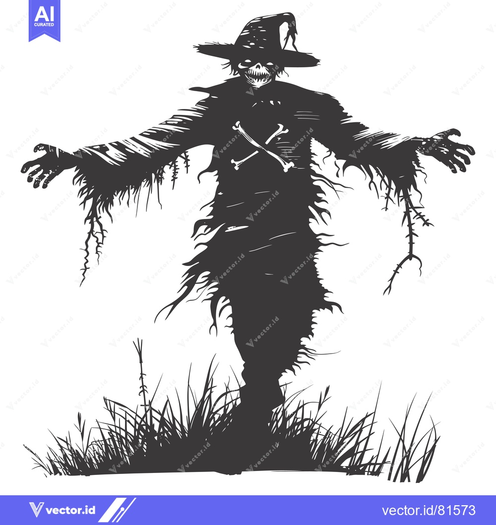 Premium Vector dari A menacing skeletal scarecrow with a witch's hat, standing in tall gra