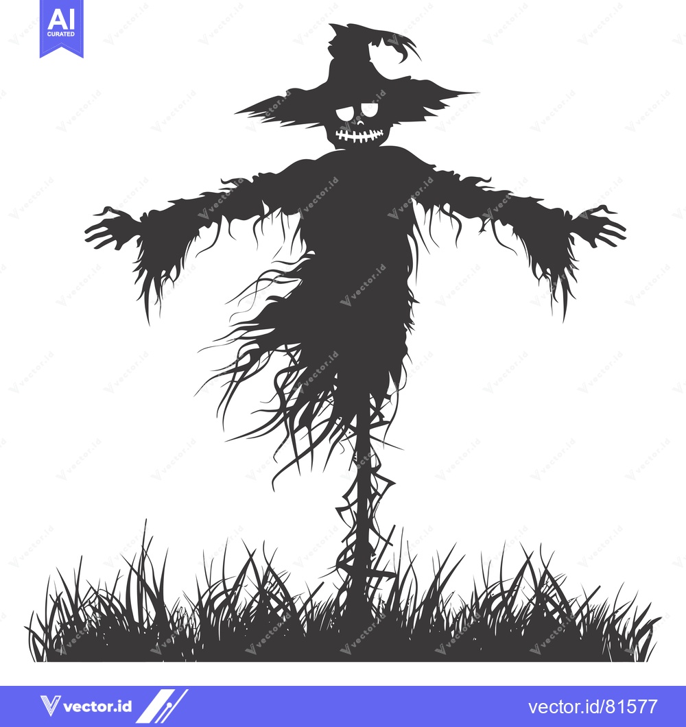 Premium Vector dari A spooky, silhouetted scarecrow with a wide-brimmed hat and outstretch