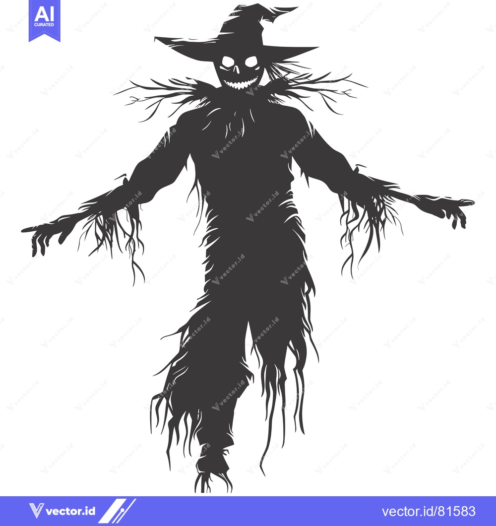 Premium Vector dari A sinister, grinning scarecrow with a pointed hat and outstretched arm