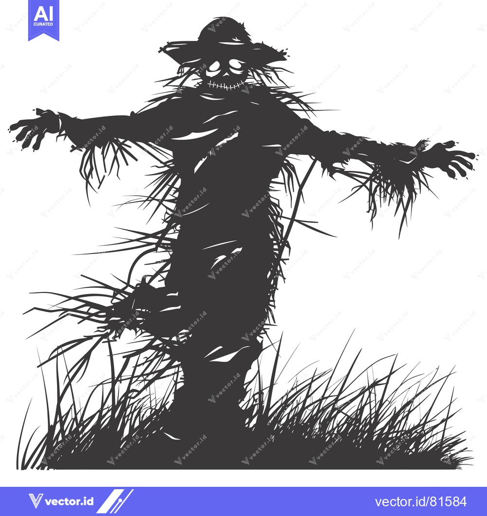 Premium Vector of A Silhouette of a Creepy Scarecrow in a Field of Tall Grass