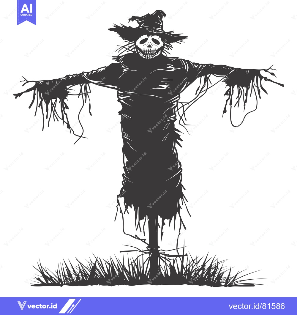 Premium Vector dari A Spooky Scarecrow with a Skull-Like Face in a Field of Tall Grass