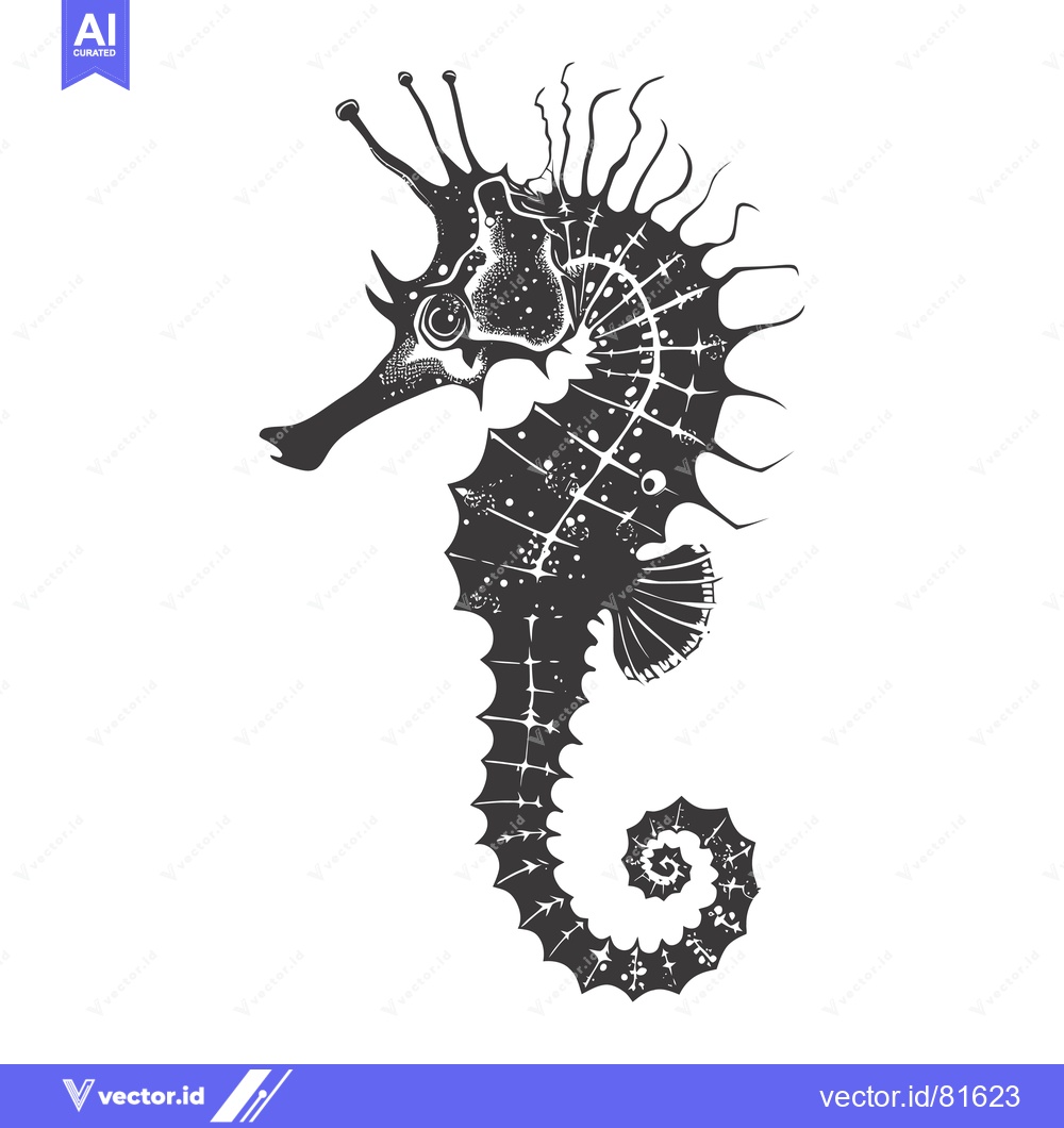 Premium Vector of Black and White Illustration of a Seahorse with Spiky Fin