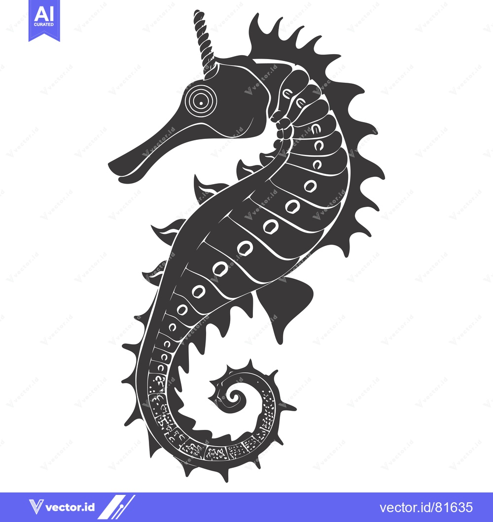 Premium Vector dari Black and White Stylized Illustration of a Seahorse with a Spiral Tail