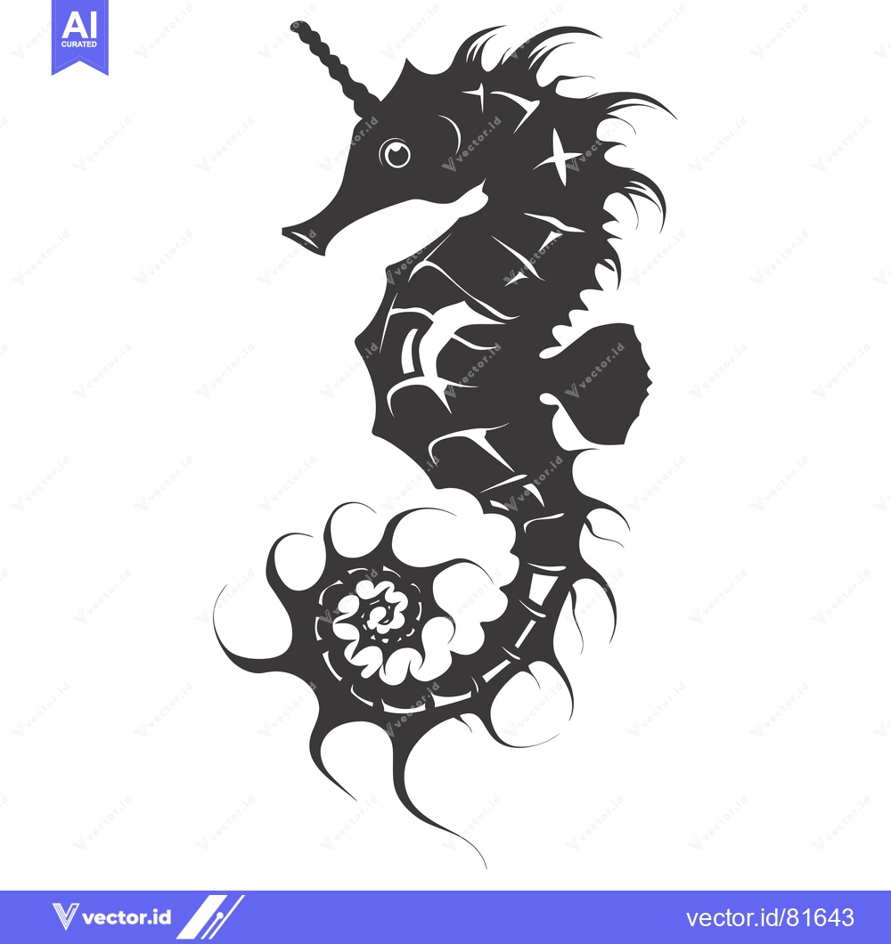 Premium Vector dari Black and White Stylized Seahorse with Curled Tail
