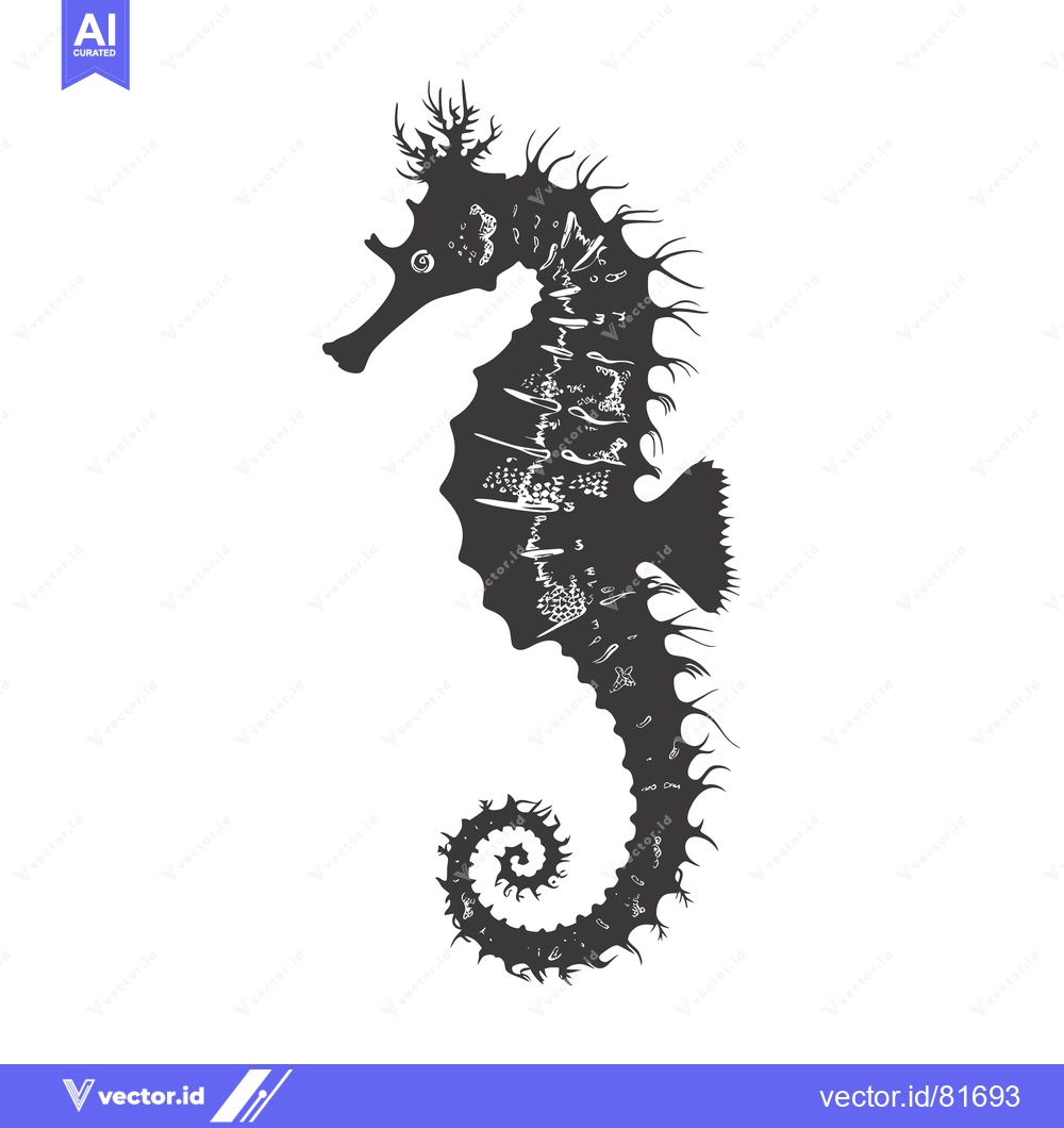 Premium Vector of A Black and White Silhouette of a Seahorse with a Detailed Design
