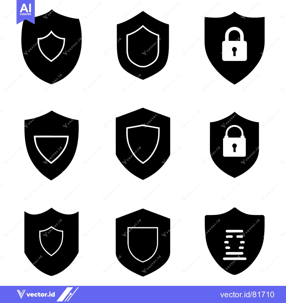 Premium Vector of Set of Nine Black and White Shield Icons with Security Symbols