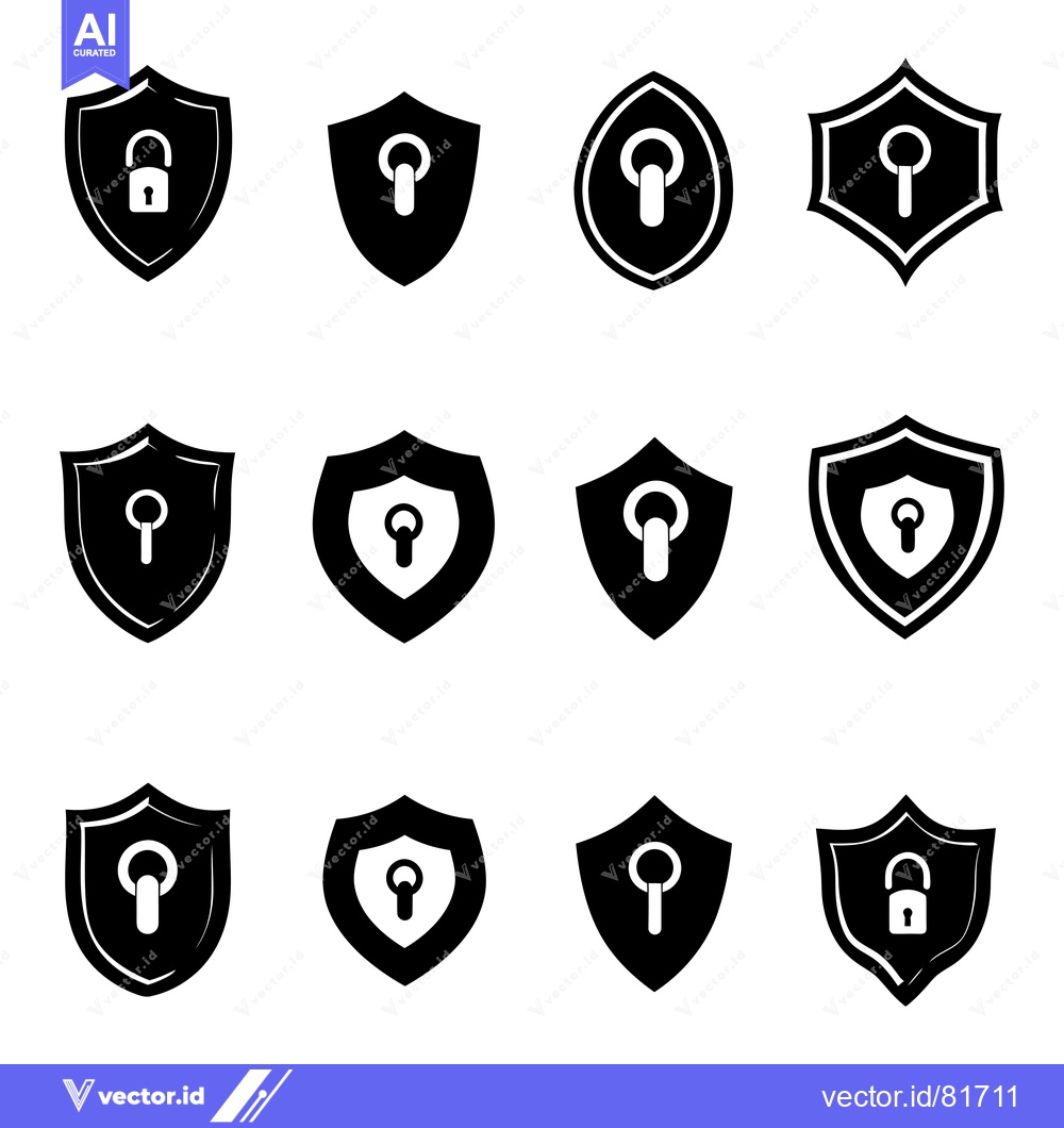 Premium Vector dari A Set of Black and White Shield Icons with Lock and Key Symbols